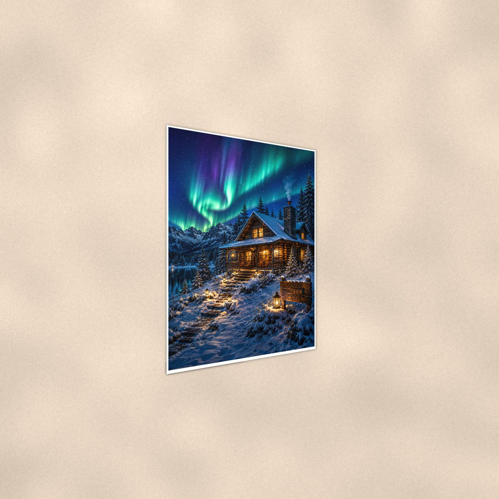 Aurora Cabin — 24x36 in art print poster, premium luster paper with a white border; steeper three-quarter angle on a warm wall, catching the luster sheen.