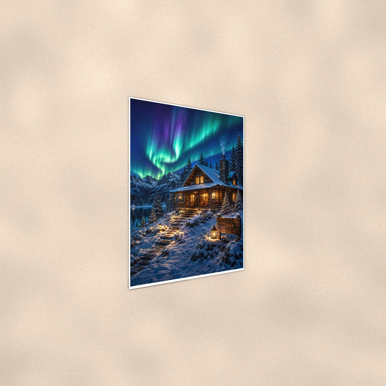 Aurora Cabin — 24x36 in art print poster, premium luster paper with a white border; steeper three-quarter angle on a warm wall, catching the luster sheen.