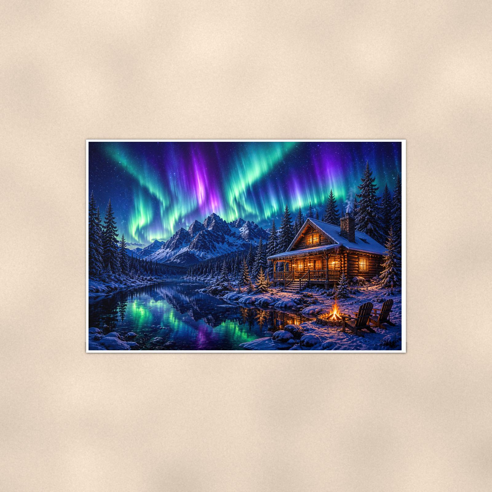 Aurora Mountain Cabin — 36x24 in art print poster, premium luster paper with a white border; poster shown straight on against a warm wall.
