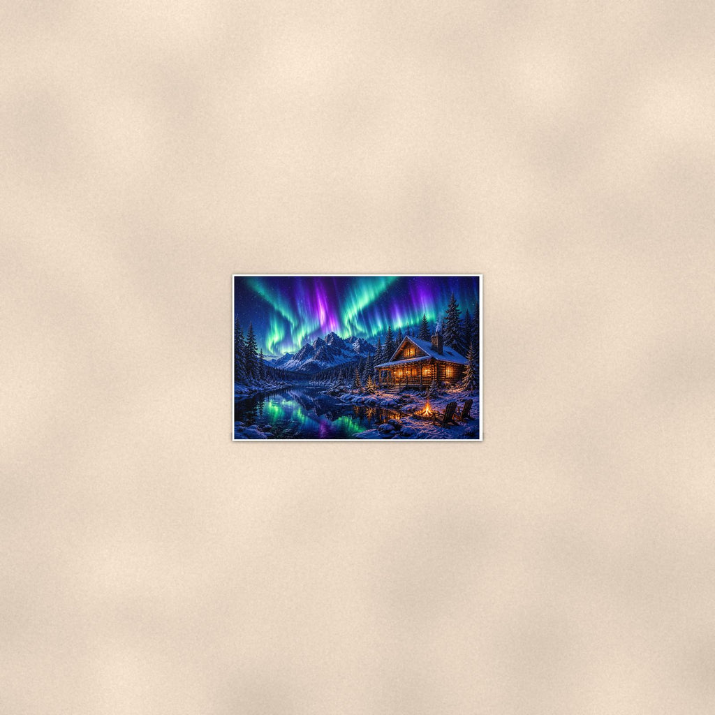 Aurora Mountain Cabin — 36x24 in art print poster, premium luster paper with a white border; poster seen from further back, at true 24x36 in scale on a warm wall.