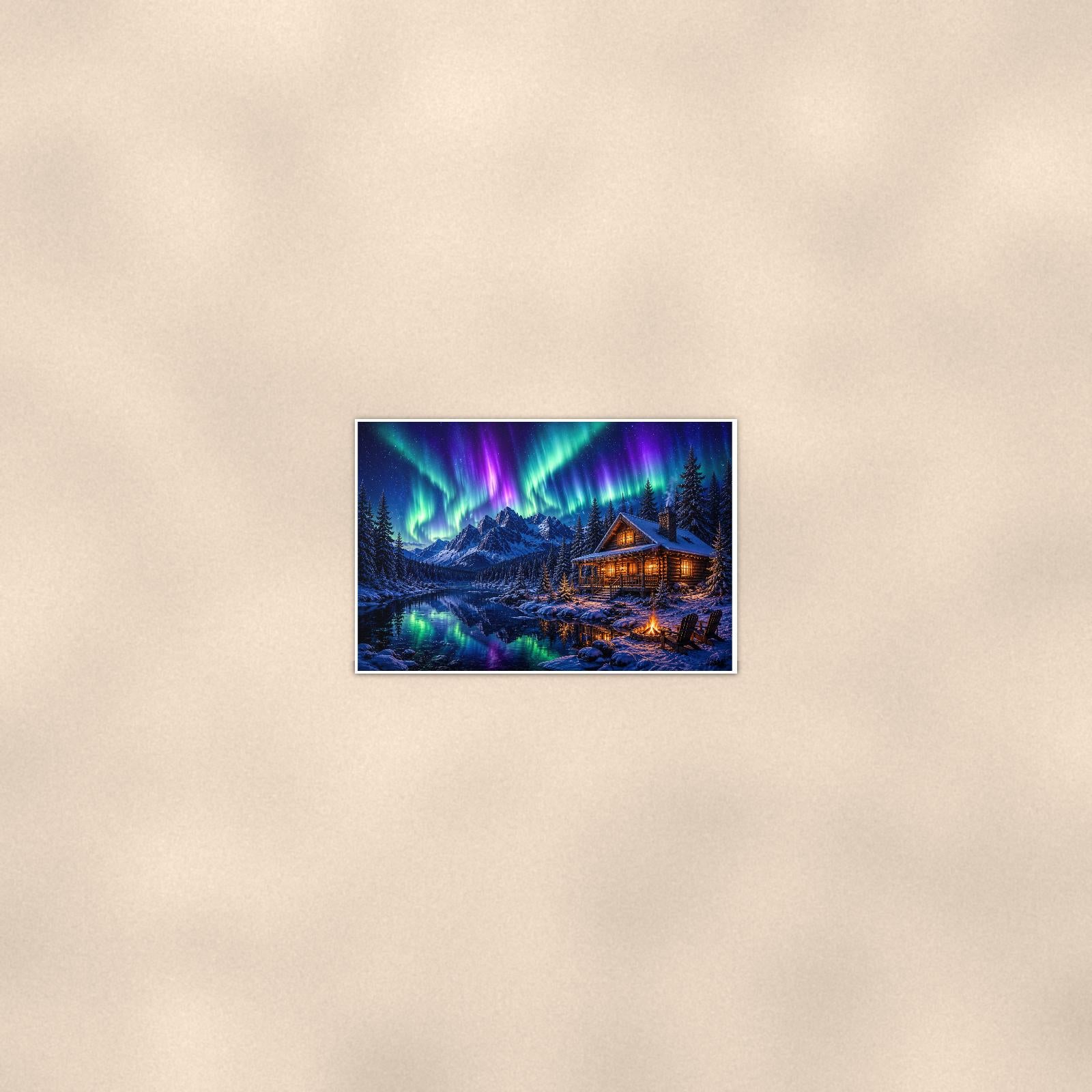 Aurora Mountain Cabin — 36x24 in art print poster, premium luster paper with a white border; poster seen from further back, at true 24x36 in scale on a warm wall.