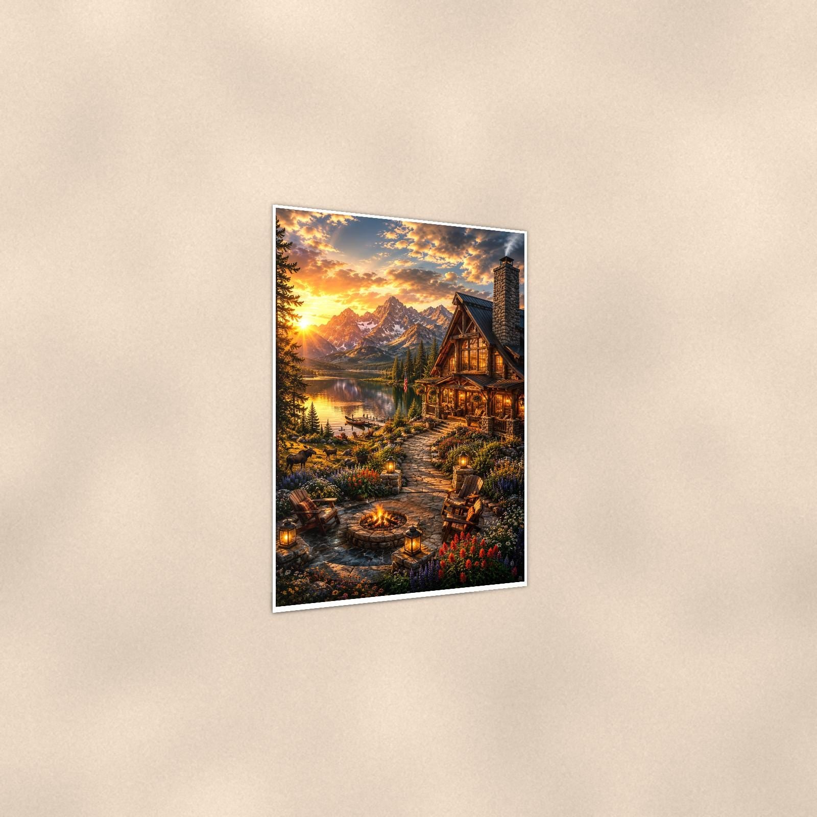Mountain Stream Cabin — 24x36 in art print poster, premium luster paper with a white border; gentle three-quarter angle on a warm wall, showing the flat paper edge.