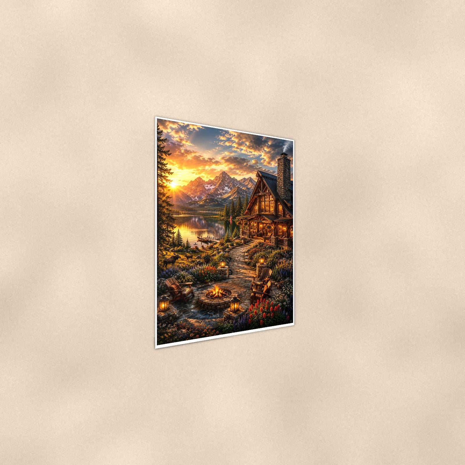 Mountain Stream Cabin — 24x36 in art print poster, premium luster paper with a white border; steeper three-quarter angle on a warm wall, catching the luster sheen.