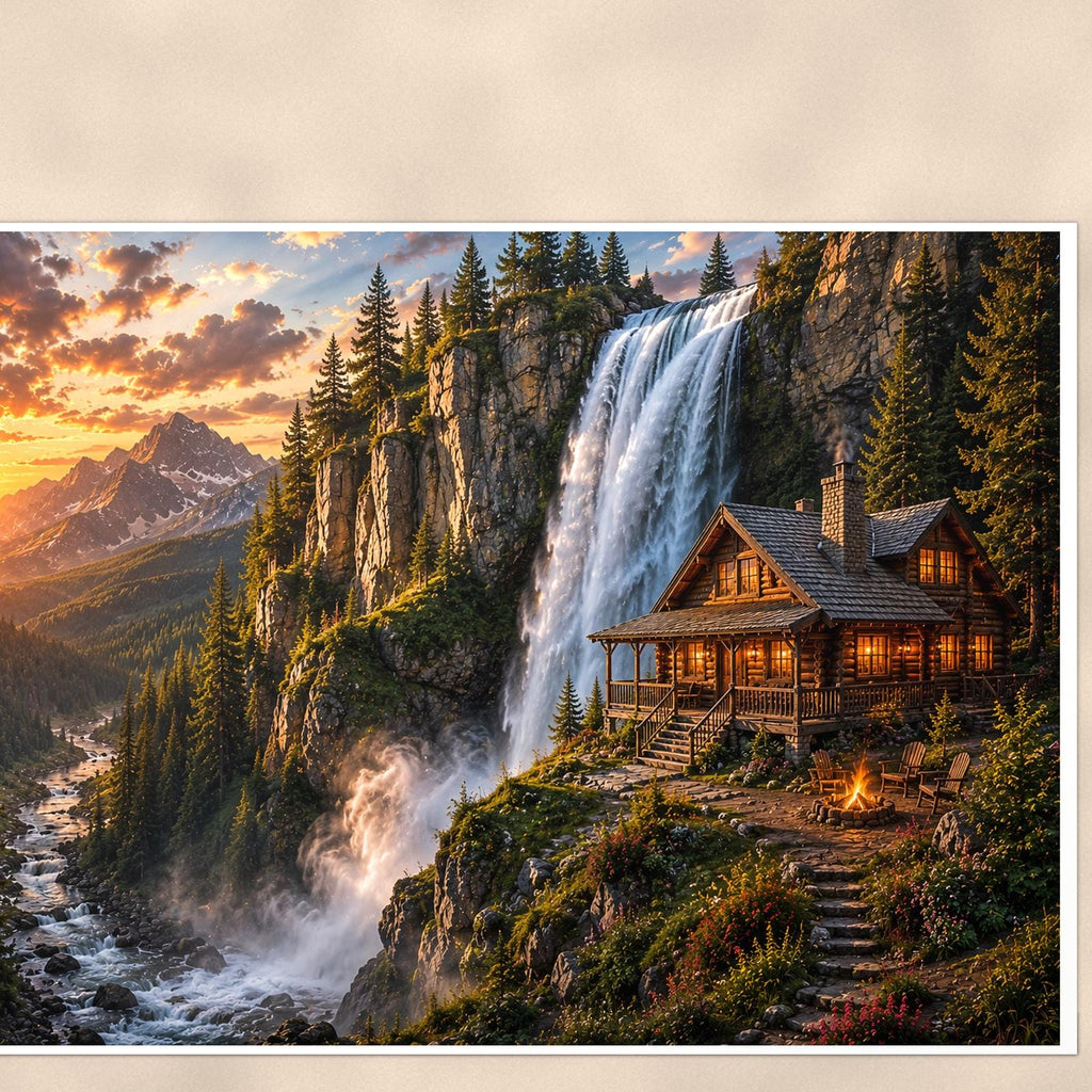 Waterfall Cabin Retreat — 36x24 in art print poster, premium luster paper with a white border; close-up framed on the main subject of the artwork, paper surface visible.