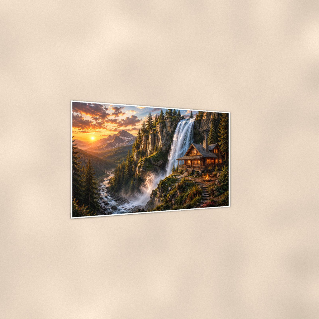 Waterfall Cabin Retreat — 36x24 in art print poster, premium luster paper with a white border; gentle three-quarter angle on a warm wall, showing the flat paper edge.