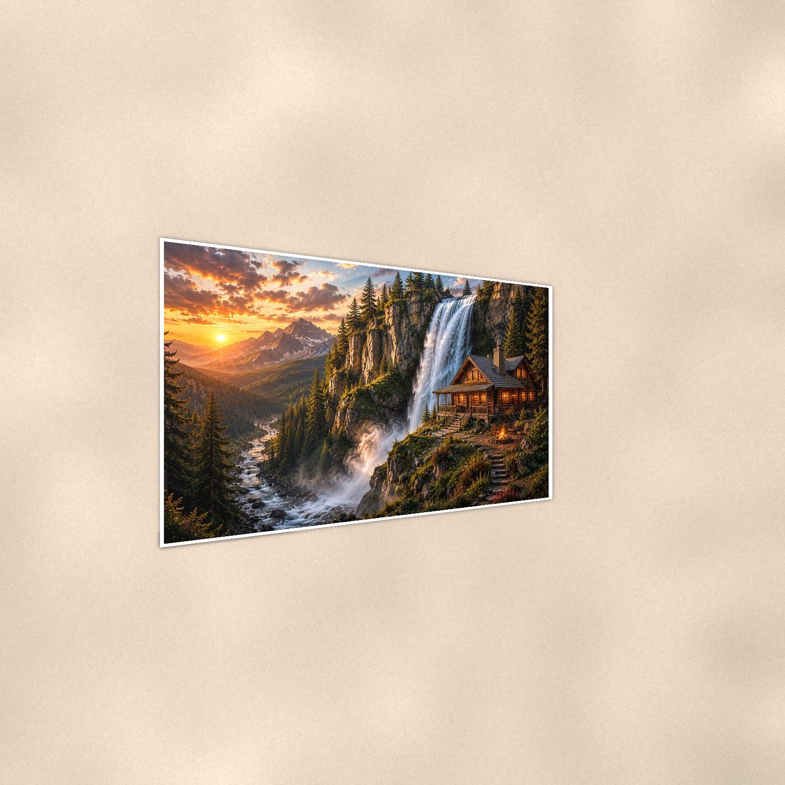 Waterfall Cabin Retreat — 36x24 in art print poster, premium luster paper with a white border; steeper three-quarter angle on a warm wall, catching the luster sheen.
