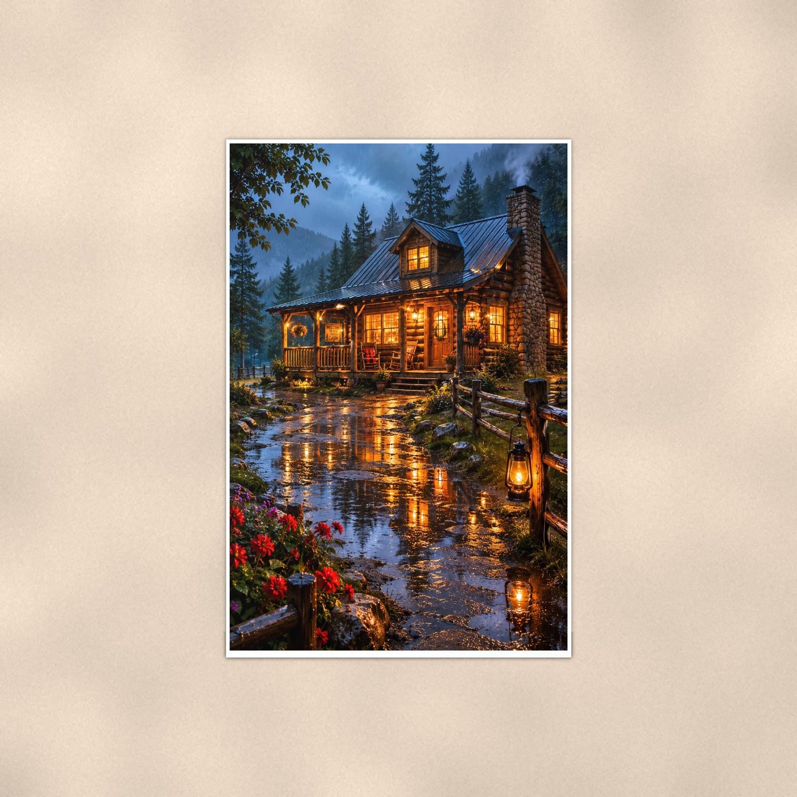 Lake Lodge Evening — 24x36 in art print poster, premium luster paper with a white border; poster shown straight on against a warm wall.