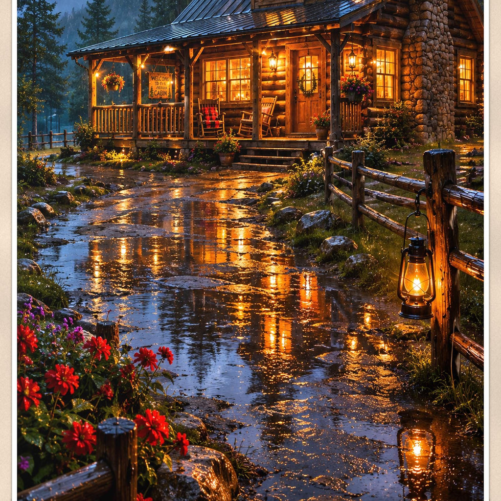 Lake Lodge Evening — 24x36 in art print poster, premium luster paper with a white border; close-up framed on the main subject of the artwork, paper surface visible.
