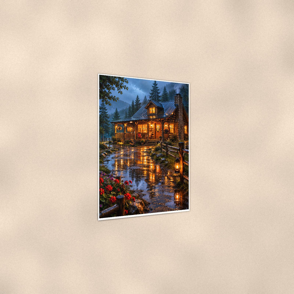 Lake Lodge Evening — 24x36 in art print poster, premium luster paper with a white border; gentle three-quarter angle on a warm wall, showing the flat paper edge.