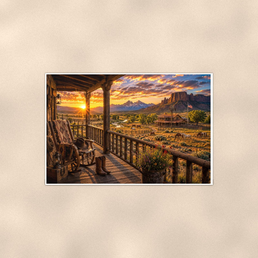 Mountain Porch View — 36x24 in art print poster, premium luster paper with a white border; poster shown straight on against a warm wall.