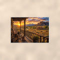 Mountain Porch View — 36x24 in art print poster, premium luster paper with a white border; poster shown straight on against a warm wall.
