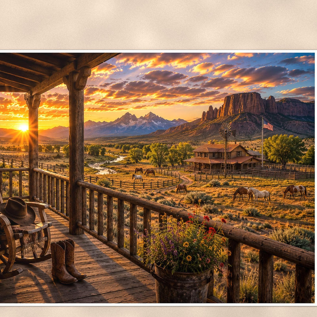 Mountain Porch View — 36x24 in art print poster, premium luster paper with a white border; close-up framed on the main subject of the artwork, paper surface visible.