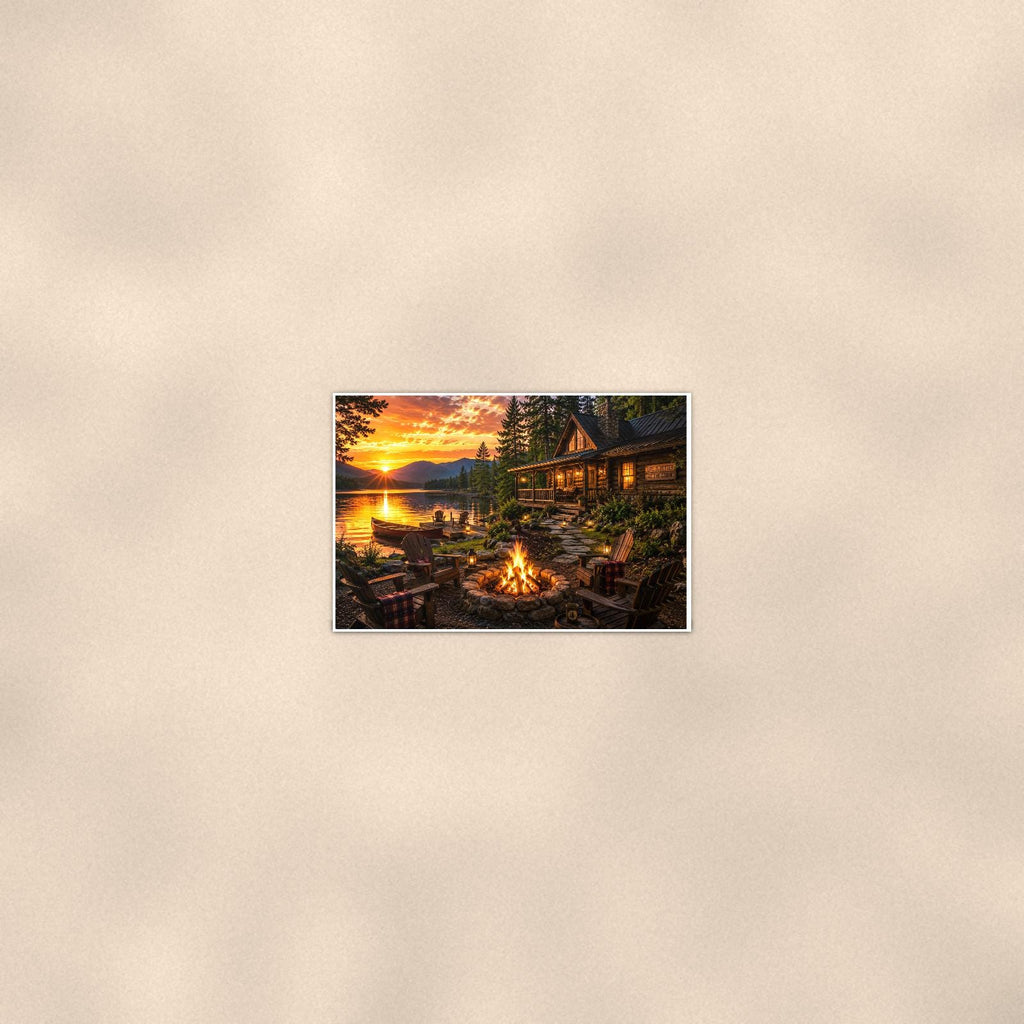 Lakeside Cabin Campfire — 36x24 in art print poster, premium luster paper with a white border; poster seen from further back, at true 24x36 in scale on a warm wall.