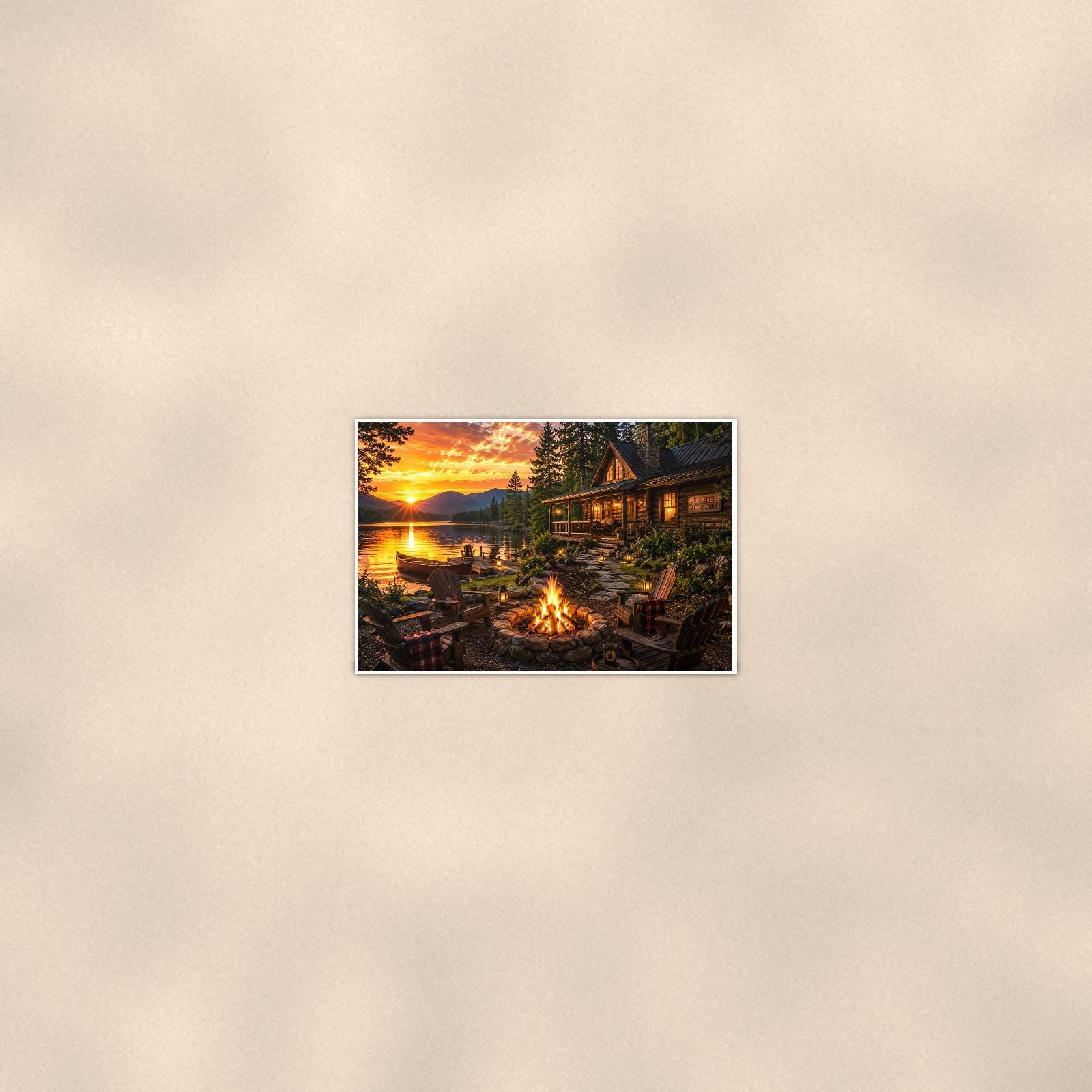 Lakeside Cabin Campfire — 36x24 in art print poster, premium luster paper with a white border; poster seen from further back, at true 24x36 in scale on a warm wall.