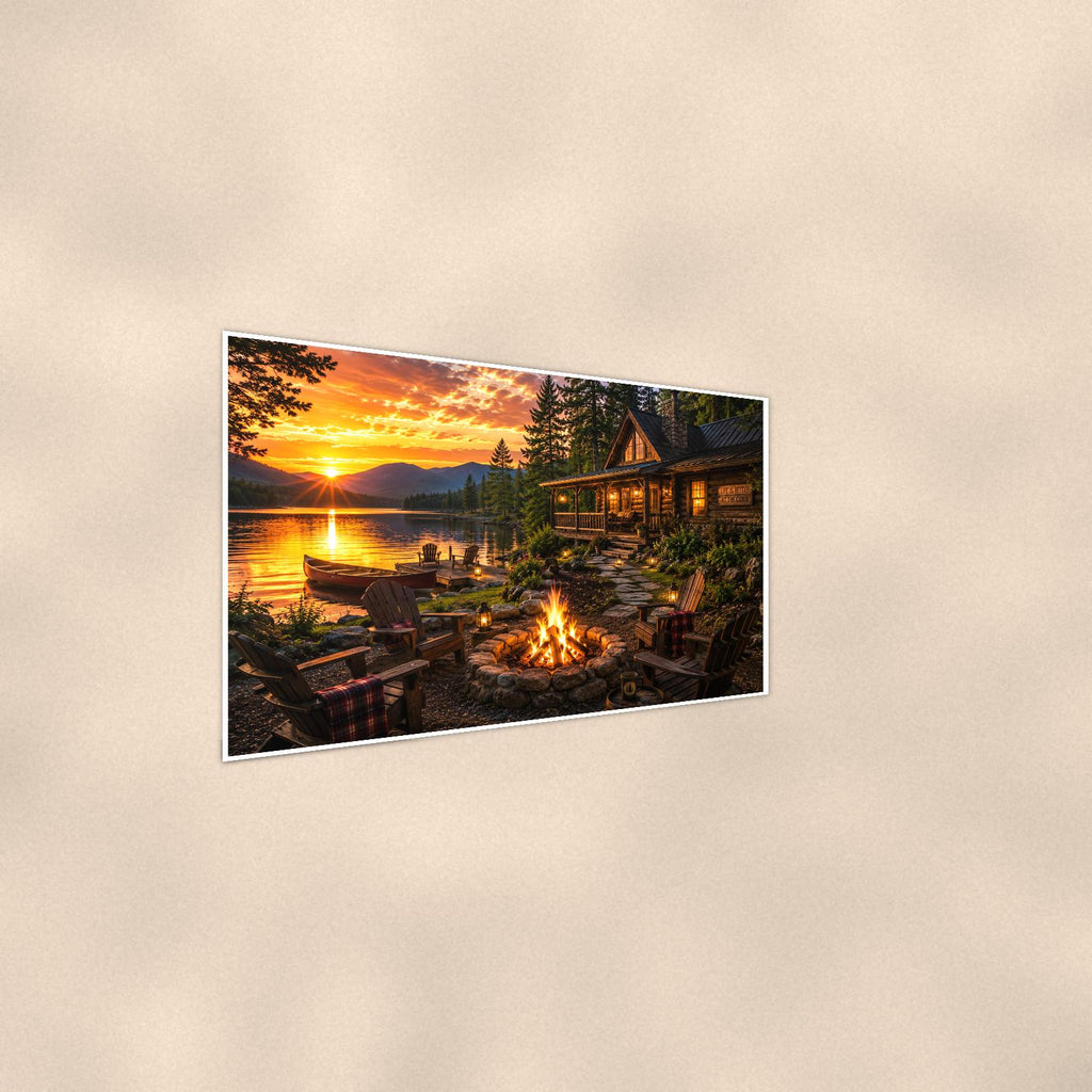 Lakeside Cabin Campfire — 36x24 in art print poster, premium luster paper with a white border; steeper three-quarter angle on a warm wall, catching the luster sheen.