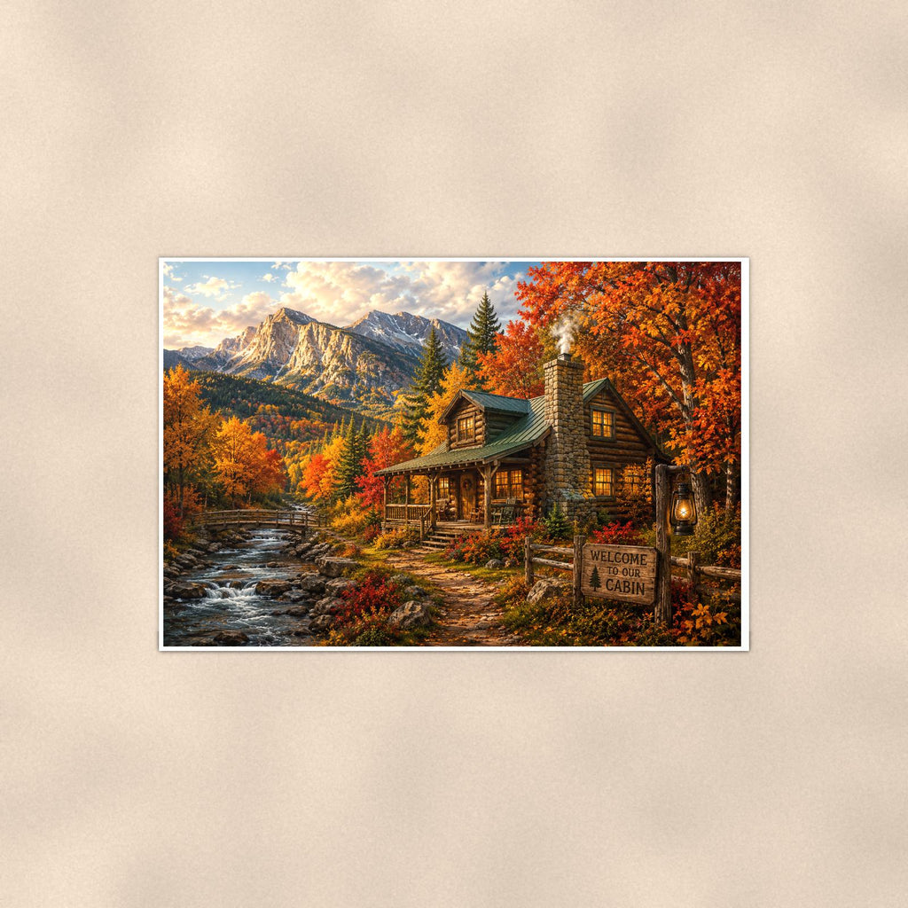 Autumn Creek Cabin — 36x24 in art print poster, premium luster paper with a white border; poster shown straight on against a warm wall.