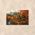 Autumn Creek Cabin — 36x24 in art print poster, premium luster paper with a white border; poster shown straight on against a warm wall.