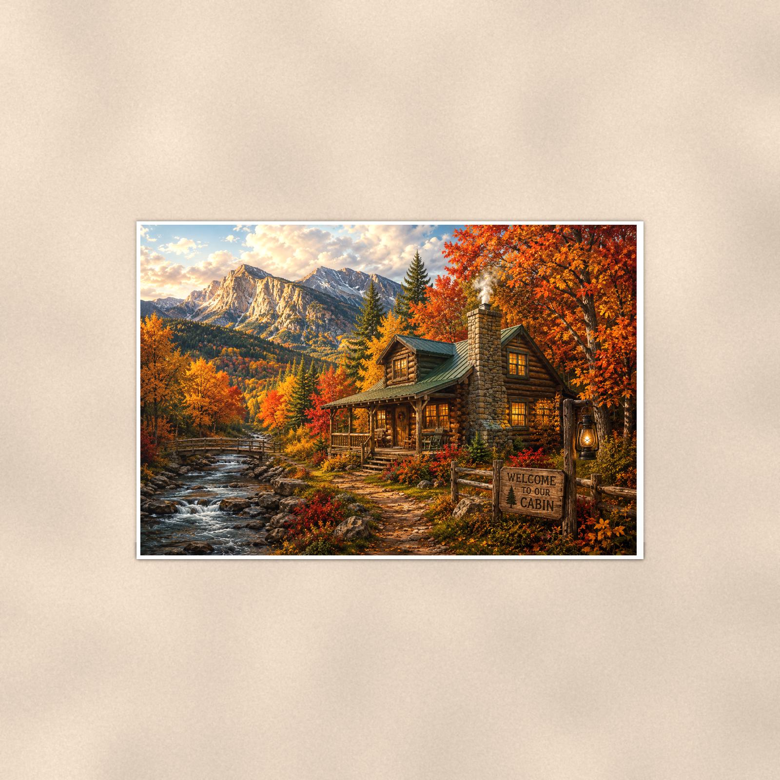 Autumn Creek Cabin — 36x24 in art print poster, premium luster paper with a white border; poster shown straight on against a warm wall.