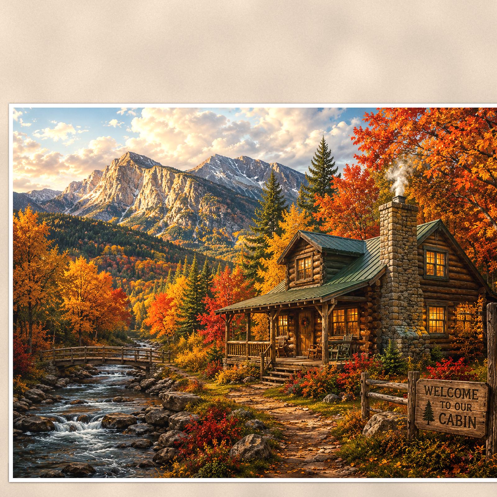 Autumn Creek Cabin — 36x24 in art print poster, premium luster paper with a white border; close-up framed on the main subject of the artwork, paper surface visible.