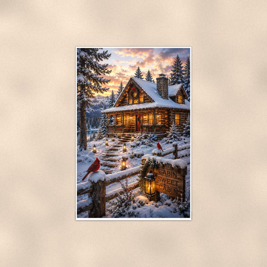 Snowy Cabin Evening — 24x36 in art print poster, premium luster paper with a white border; poster shown straight on against a warm wall.