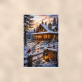 Snowy Cabin Evening — 24x36 in art print poster, premium luster paper with a white border; poster shown straight on against a warm wall.