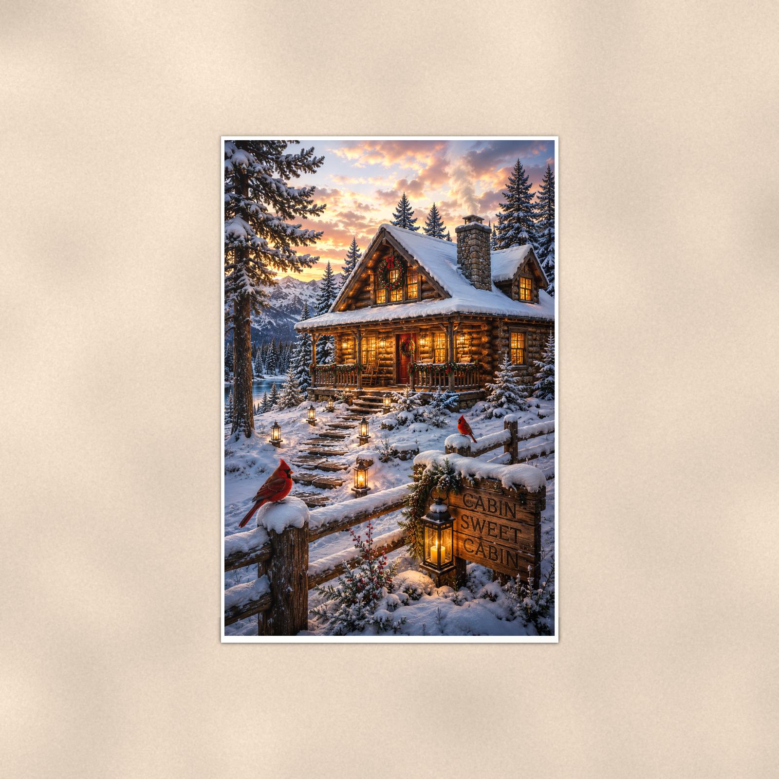 Snowy Cabin Evening — 24x36 in art print poster, premium luster paper with a white border; poster shown straight on against a warm wall.