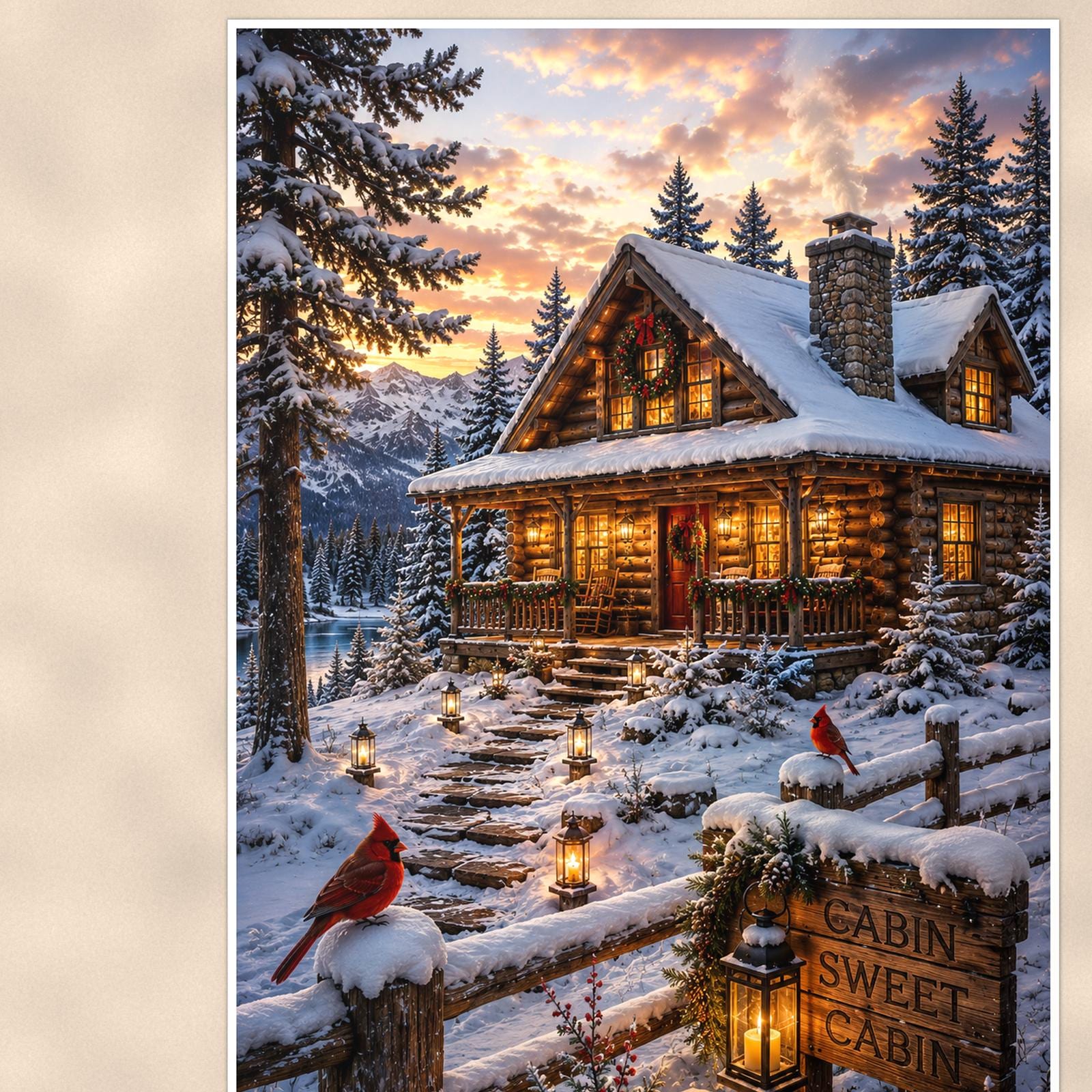 Snowy Cabin Evening — 24x36 in art print poster, premium luster paper with a white border; close-up framed on the main subject of the artwork, paper surface visible.