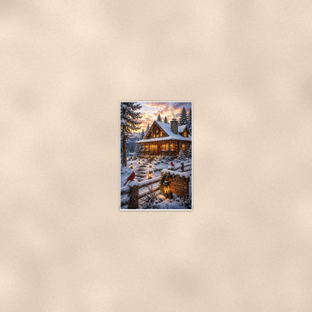 Snowy Cabin Evening — 24x36 in art print poster, premium luster paper with a white border; poster seen from further back, at true 24x36 in scale on a warm wall.