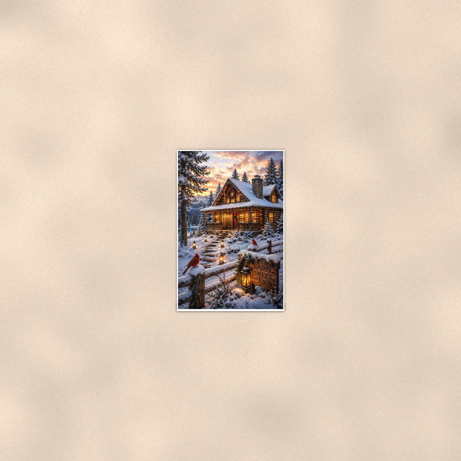 Snowy Cabin Evening — 24x36 in art print poster, premium luster paper with a white border; poster seen from further back, at true 24x36 in scale on a warm wall.