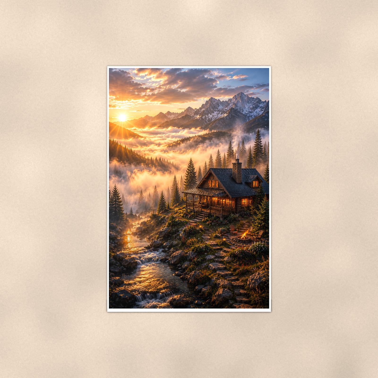 Mountain Cabin Sunrise — 24x36 in art print poster, premium luster paper with a white border; poster shown straight on against a warm wall.