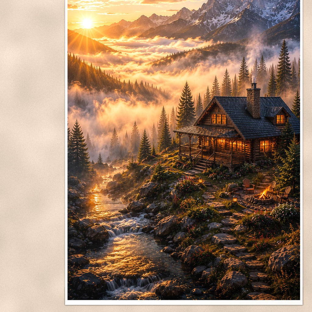Mountain Cabin Sunrise — 24x36 in art print poster, premium luster paper with a white border; close-up framed on the main subject of the artwork, paper surface visible.