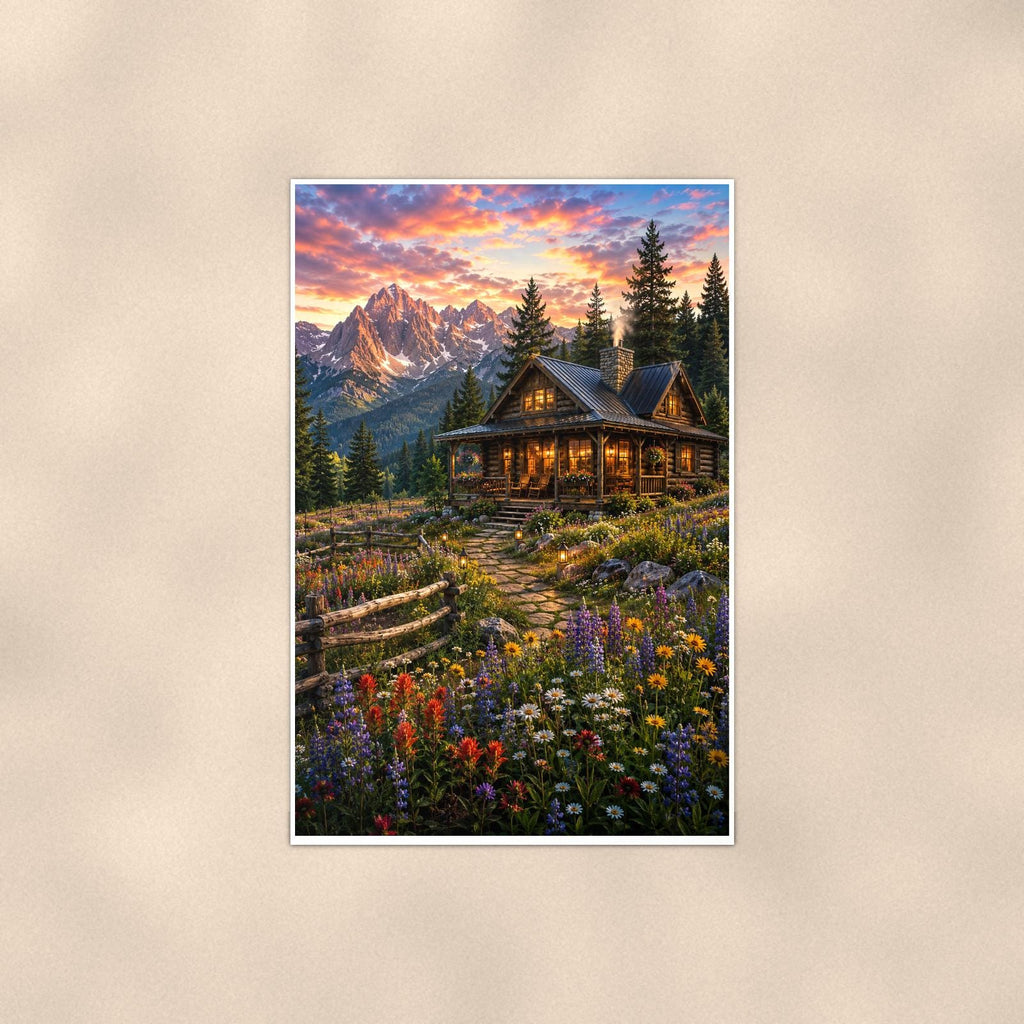 Mountain Cabin Wildflowers — 24x36 in art print poster, premium luster paper with a white border; poster shown straight on against a warm wall.
