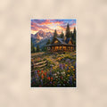 Mountain Cabin Wildflowers — 24x36 in art print poster, premium luster paper with a white border; poster shown straight on against a warm wall.