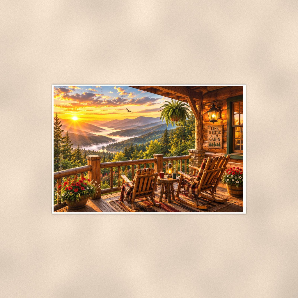Lakeside Porch Sunset — 36x24 in art print poster, premium luster paper with a white border; poster shown straight on against a warm wall.