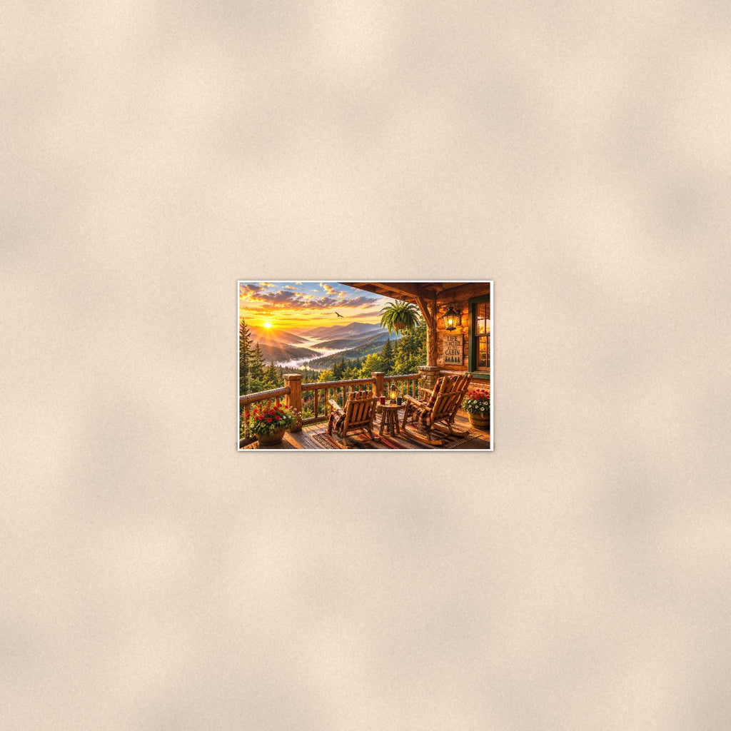 Lakeside Porch Sunset — 36x24 in art print poster, premium luster paper with a white border; poster seen from further back, at true 24x36 in scale on a warm wall.