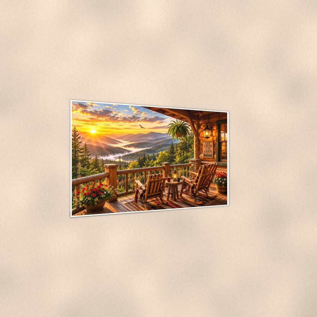 Lakeside Porch Sunset — 36x24 in art print poster, premium luster paper with a white border; gentle three-quarter angle on a warm wall, showing the flat paper edge.