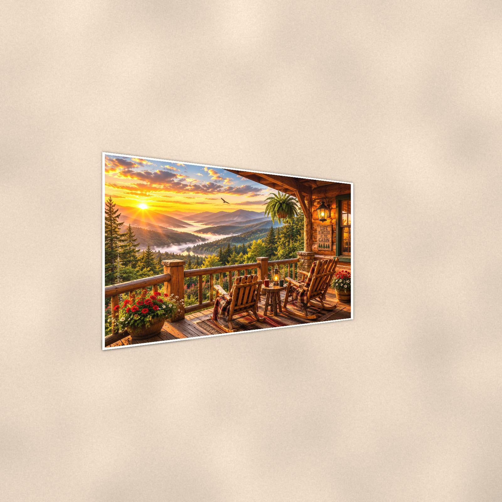 Lakeside Porch Sunset — 36x24 in art print poster, premium luster paper with a white border; steeper three-quarter angle on a warm wall, catching the luster sheen.