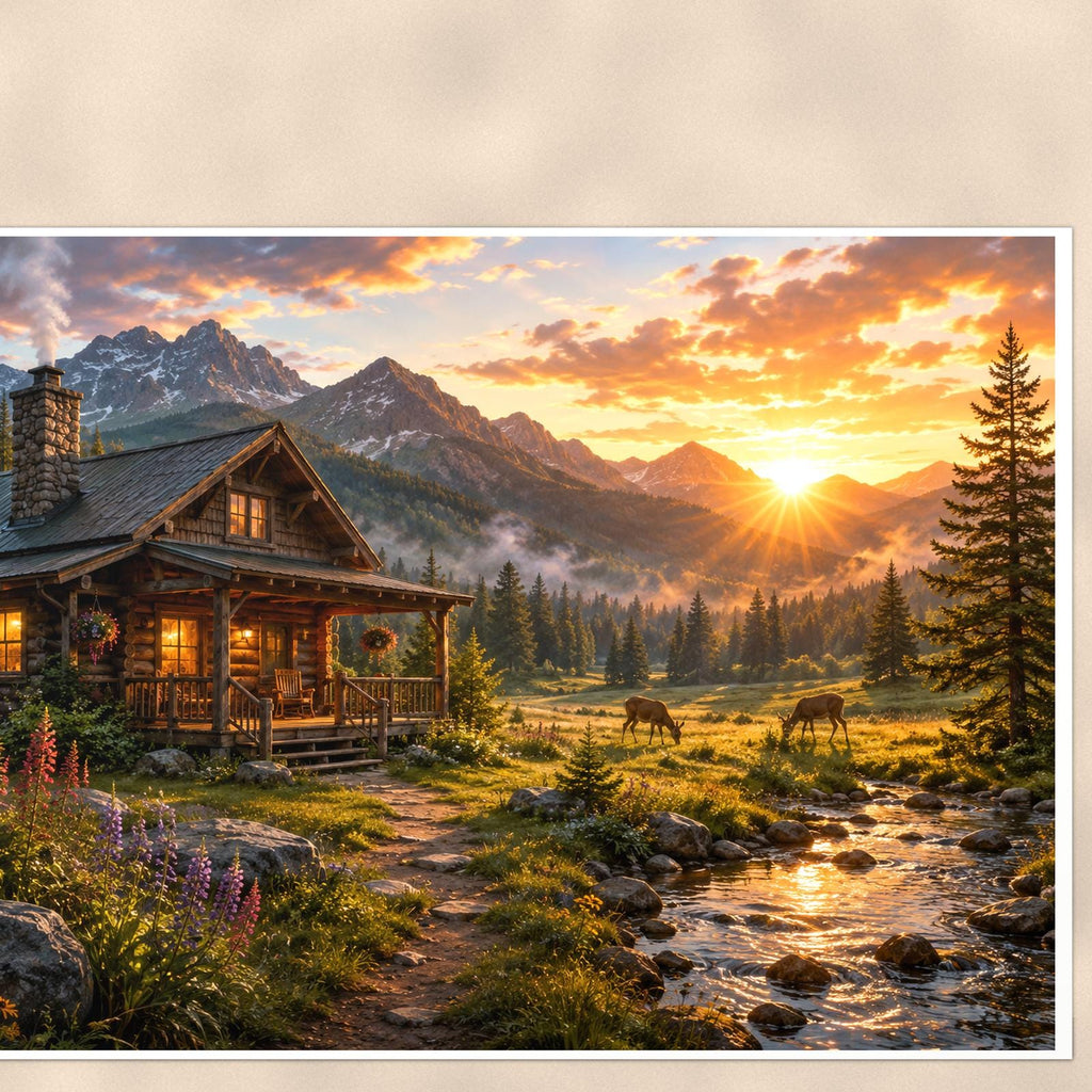 Creekside Mountain Cabin — 36x24 in art print poster, premium luster paper with a white border; close-up framed on the main subject of the artwork, paper surface visible.