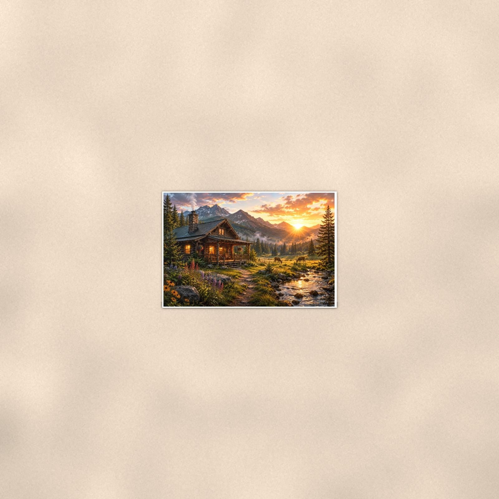 Creekside Mountain Cabin — 36x24 in art print poster, premium luster paper with a white border; poster seen from further back, at true 24x36 in scale on a warm wall.