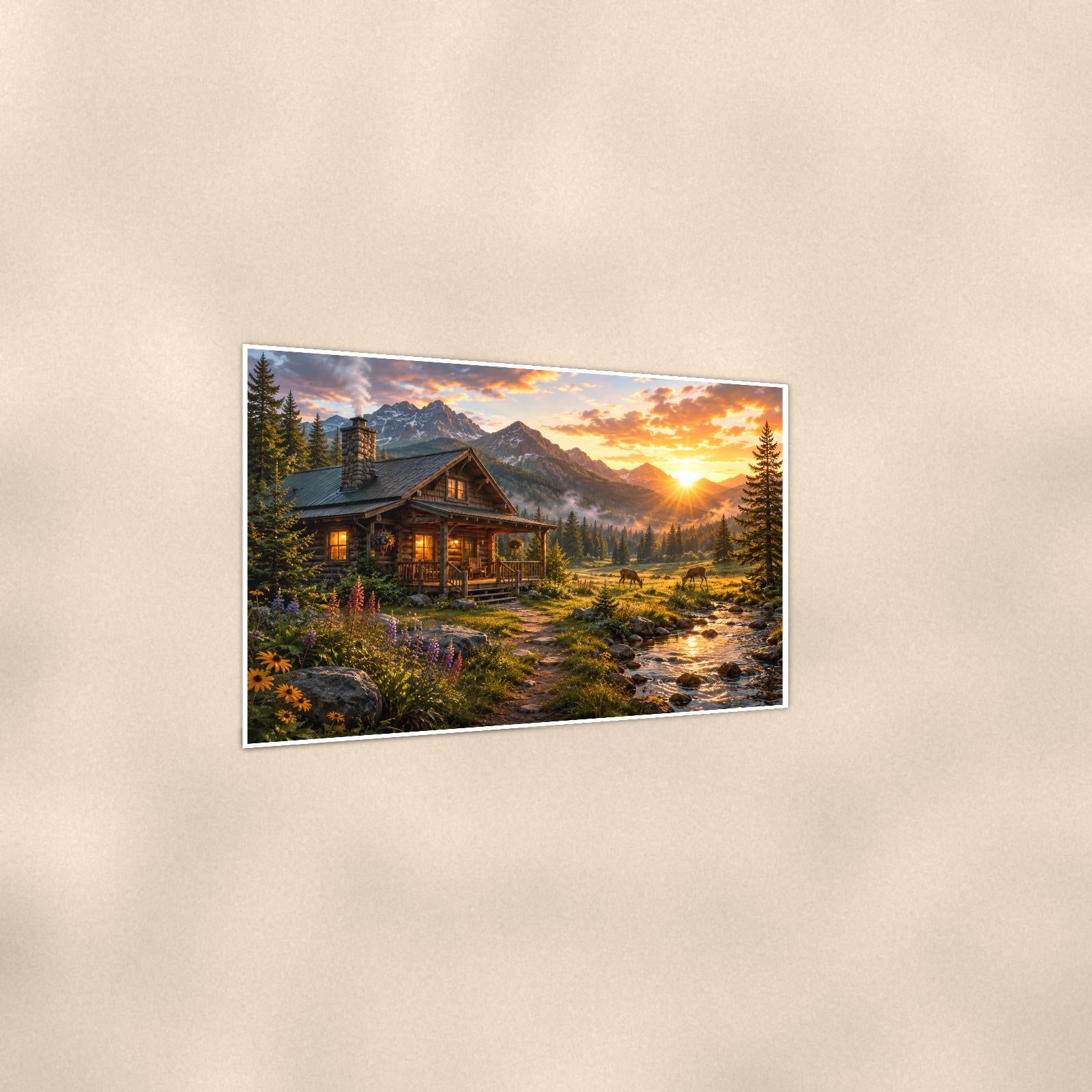 Creekside Mountain Cabin — 36x24 in art print poster, premium luster paper with a white border; gentle three-quarter angle on a warm wall, showing the flat paper edge.