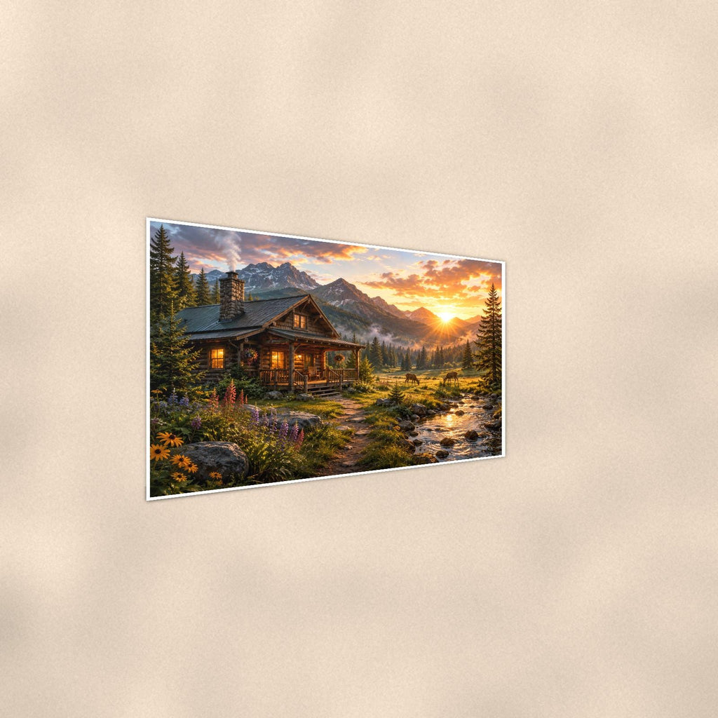 Creekside Mountain Cabin — 36x24 in art print poster, premium luster paper with a white border; steeper three-quarter angle on a warm wall, catching the luster sheen.