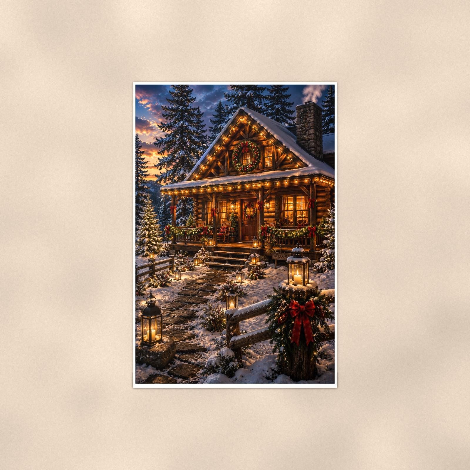 Christmas Cabin — 24x36 in art print poster, premium luster paper with a white border; poster shown straight on against a warm wall.