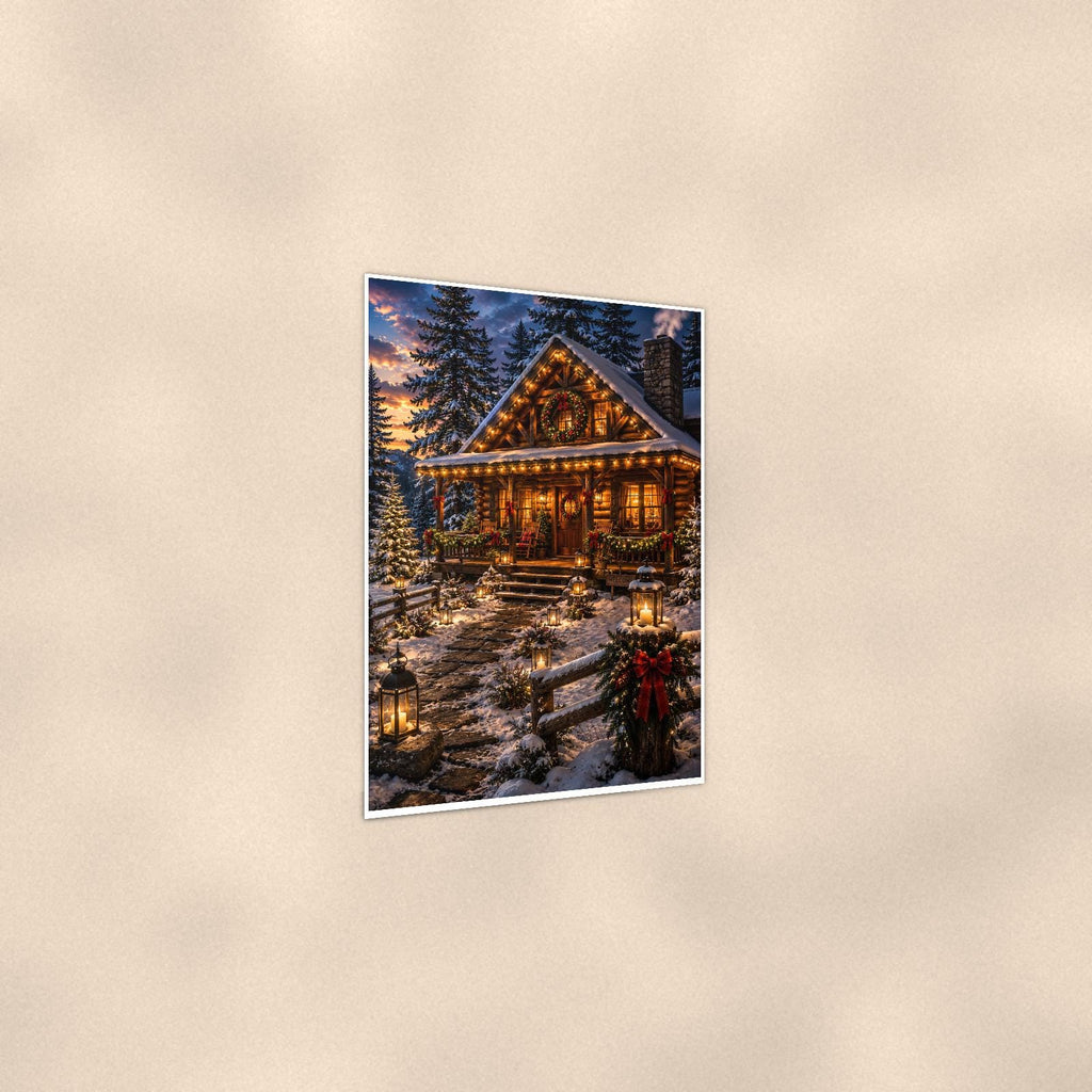 Christmas Cabin — 24x36 in art print poster, premium luster paper with a white border; gentle three-quarter angle on a warm wall, showing the flat paper edge.