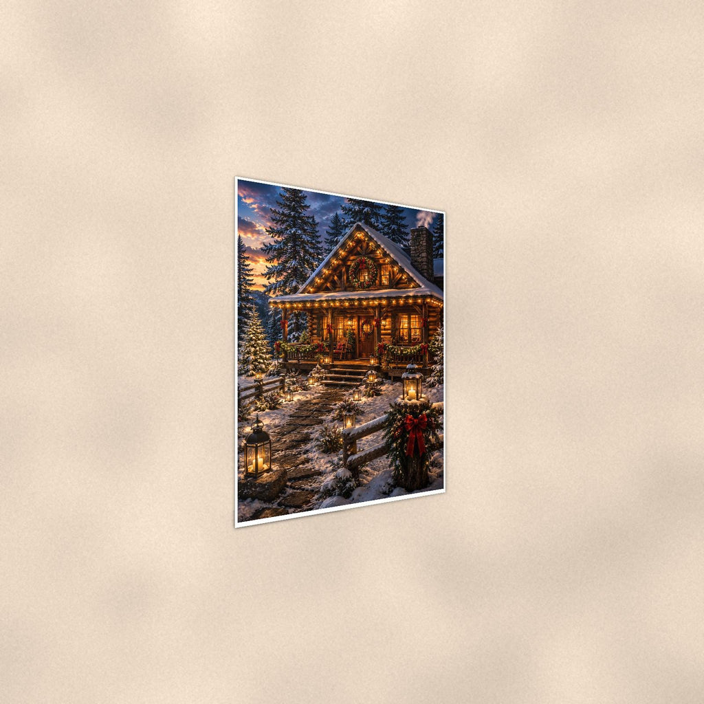 Christmas Cabin — 24x36 in art print poster, premium luster paper with a white border; steeper three-quarter angle on a warm wall, catching the luster sheen.