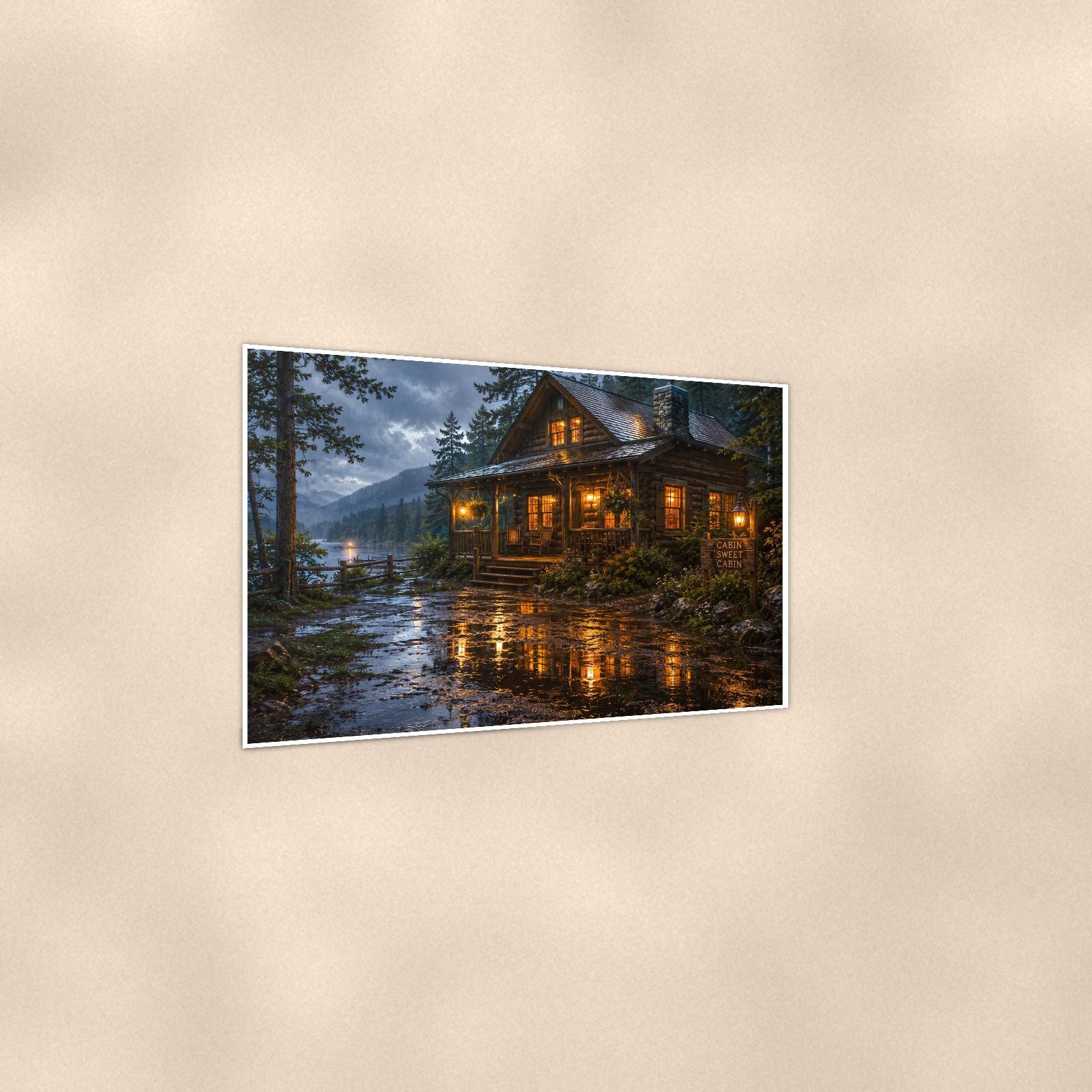 Rainy Lake Cabin — 36x24 in art print poster, premium luster paper with a white border; gentle three-quarter angle on a warm wall, showing the flat paper edge.