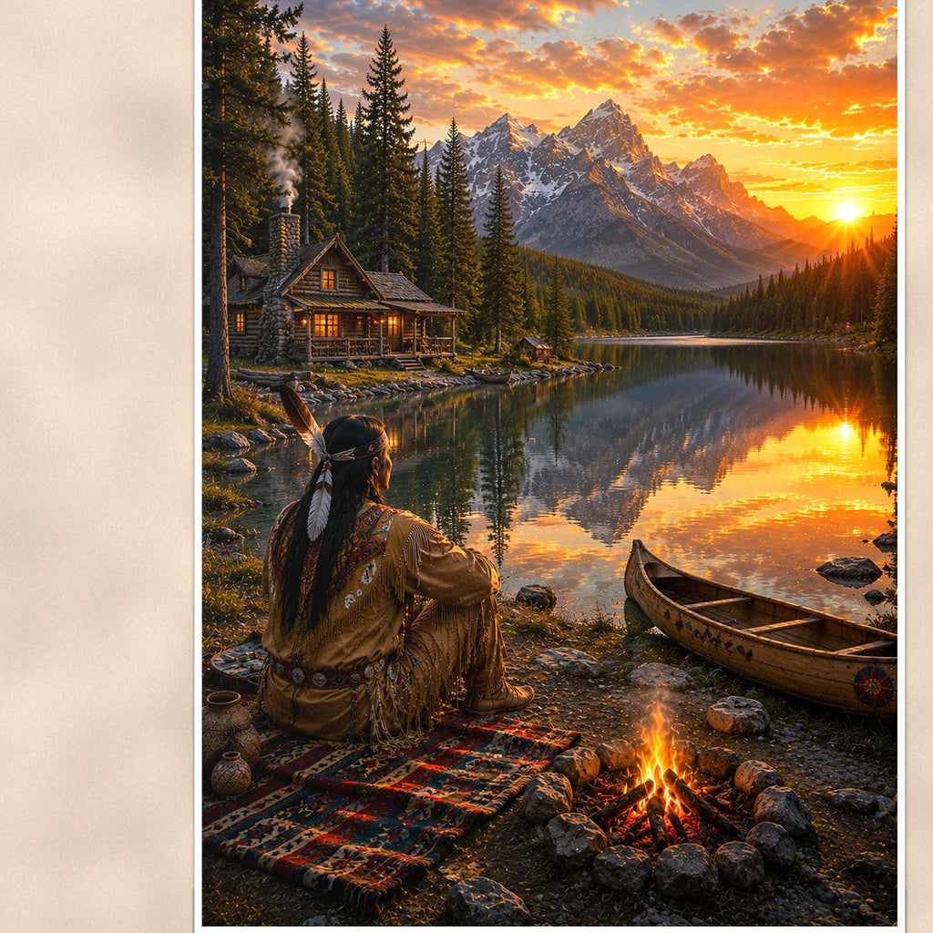 Lakeside Canoe Camp — 24x36 in art print poster, premium luster paper with a white border; close-up framed on the main subject of the artwork, paper surface visible.
