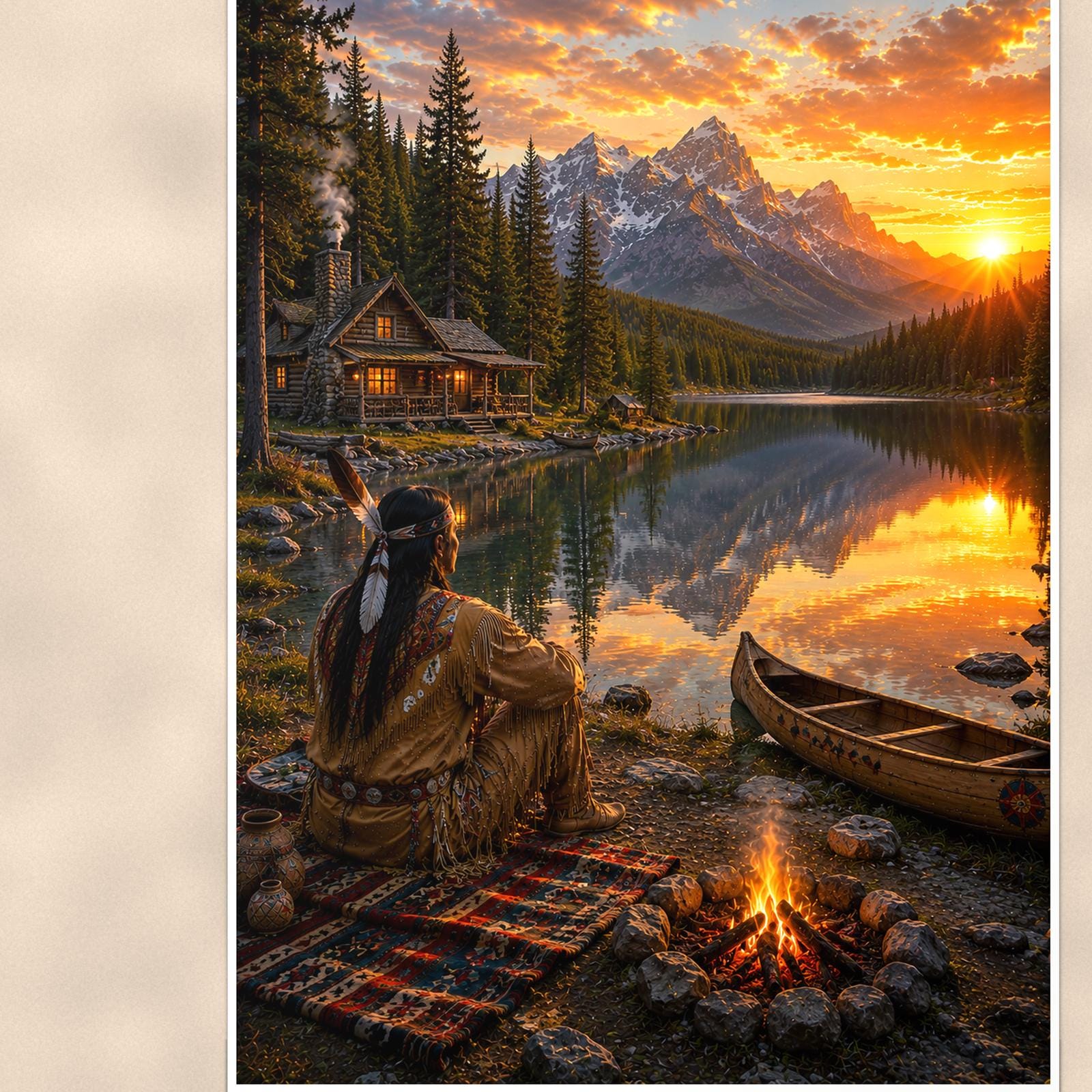 Lakeside Canoe Camp — 24x36 in art print poster, premium luster paper with a white border; close-up framed on the main subject of the artwork, paper surface visible.