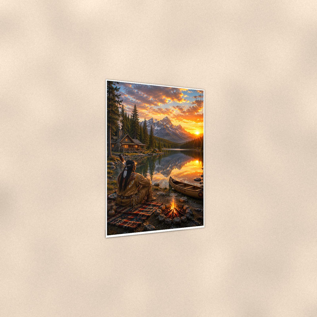 Lakeside Canoe Camp — 24x36 in art print poster, premium luster paper with a white border; gentle three-quarter angle on a warm wall, showing the flat paper edge.