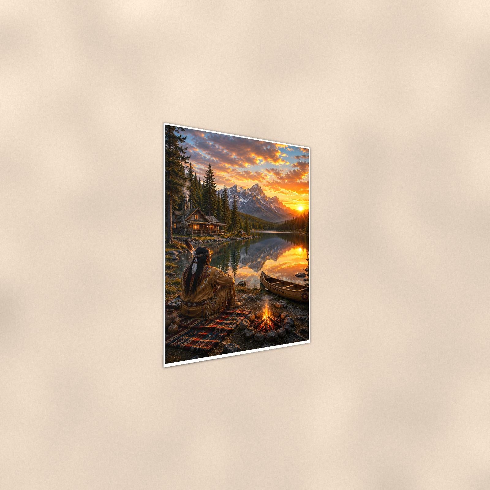 Lakeside Canoe Camp — 24x36 in art print poster, premium luster paper with a white border; steeper three-quarter angle on a warm wall, catching the luster sheen.