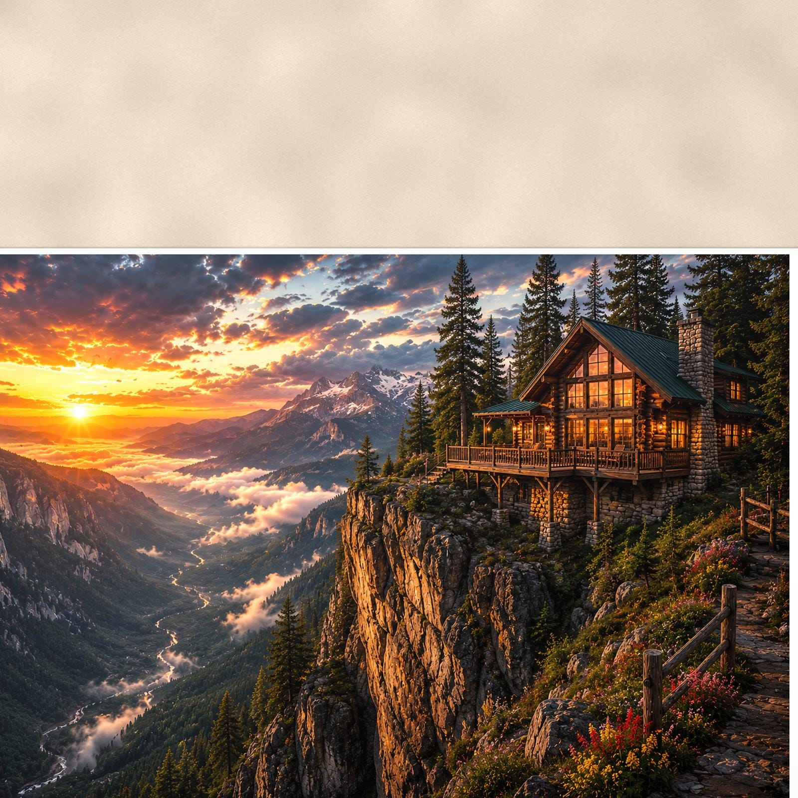 Cliffside Cabin Sunset — 36x24 in art print poster, premium luster paper with a white border; close-up framed on the main subject of the artwork, paper surface visible.